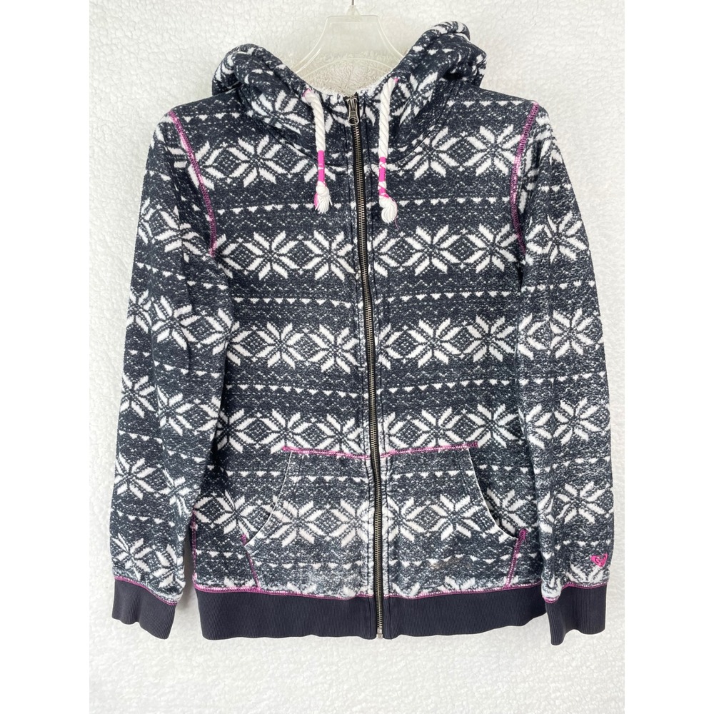 Roxy Womens Medium Sherpa Lined Fair Isle Snowflake Full Zip Hoodie‎ Navy Blue